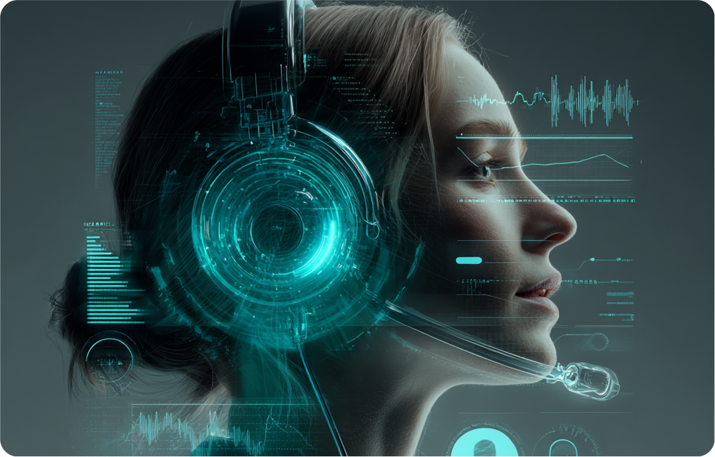 Robot singing into a studio microphone with teal lighting