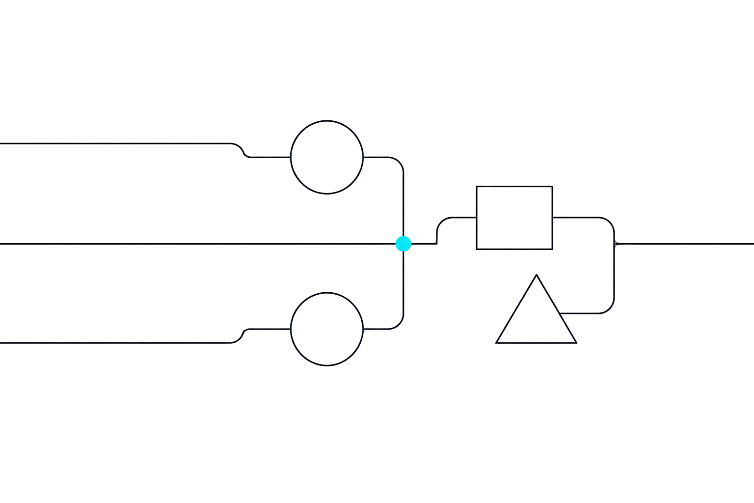 Line drawing of three lines weaving through a schematic system