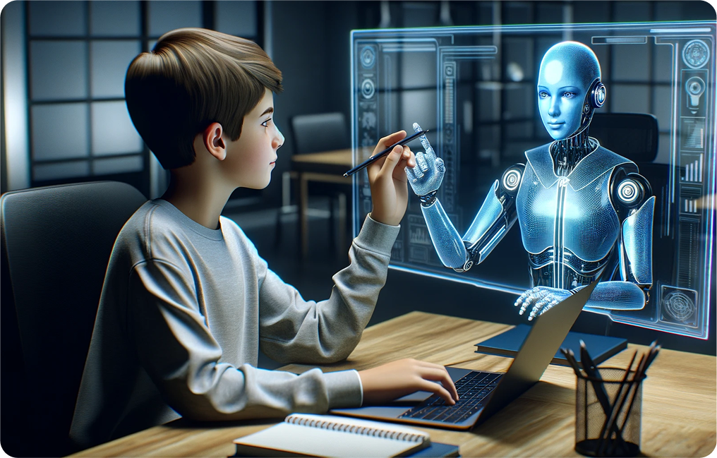 Futuristic robot standing beside a laptop